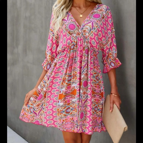 Boho Green Floral Print Ruffle Sleeve Mini Dress Cottagecore - Picture 1 of 8